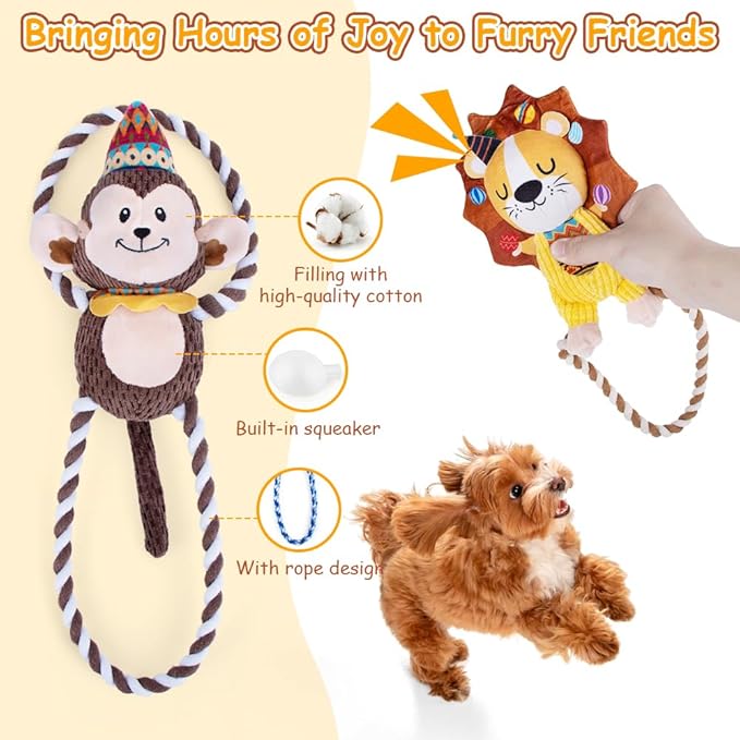 AWOOF Squeaky Dog Toys to Keep Them Busy Stuffed Dog Plush Toys for Puppy Small Medium Large Dogs Chew Toys with Rope Indoor Outdoor Puppy Toys Relieve Anxiety Birthday Gifts - 4Pack