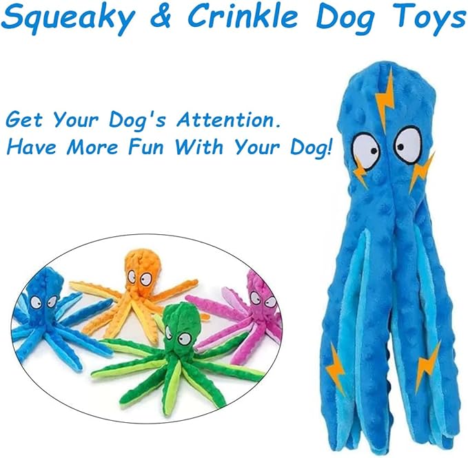 Whiskerspot Eco-Friendly Octopus Plush Dog Toy - No Stuffing, Durable and Fun Chew Toy for Dogs, Blue and Green (B)
