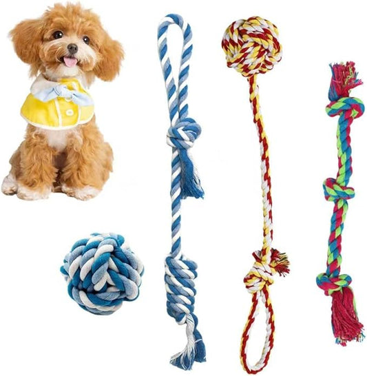 4-Pack Cotton Rope Dog Toys, Puppy Teething Chews for Small-Medium Breeds, Durable Tug-of-War & Fetch Toys for Indoor/Outdoor Play, Aggressive Chewers, Boredom Relief, Teeth Clean