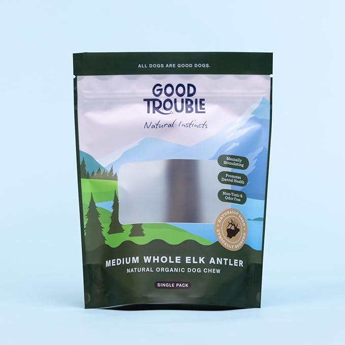 Good Trouble Premium Elk Antlers for Medium Dogs – 1 Pack Whole - Shed Antler Chews for Dental Health & Calming- Durable Dog Bones for Aggressive Chewers - Cruelty-Free, North American Sourced