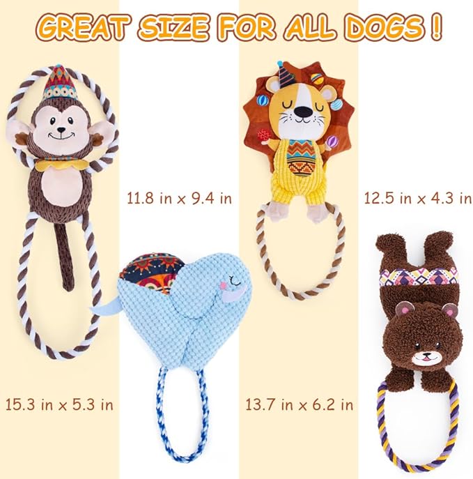 AWOOF Squeaky Dog Toys to Keep Them Busy Stuffed Dog Plush Toys for Puppy Small Medium Large Dogs Chew Toys with Rope Indoor Outdoor Puppy Toys Relieve Anxiety Birthday Gifts - 4Pack