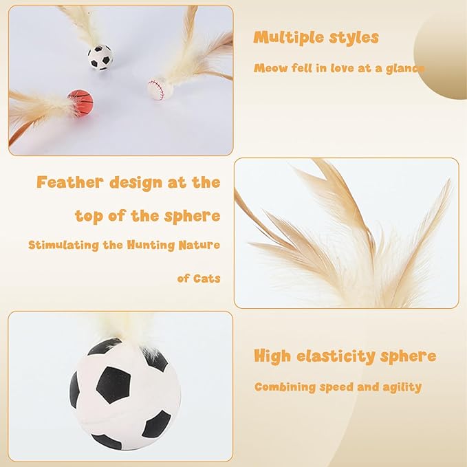 Wanheart 6 Cat Bouncy Balls with Feathers, Rubber Cat Toys Bouncy Balls, Fun Teething Toys, Indoor/Outdoor Interaction