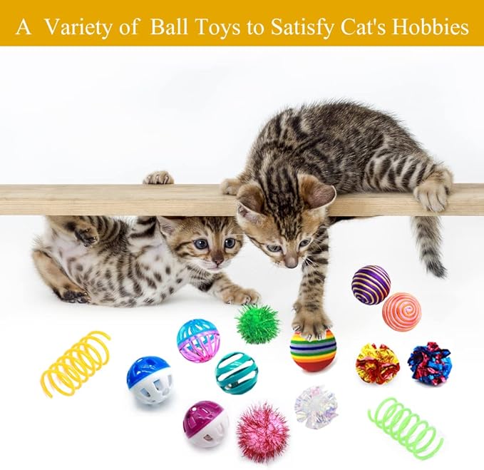 LASOCUHOO Cat Toys Kitten Assortment - Rainbow, Crinkle, Sparkle, Bell & Sisal Balls for All Cats - 30 Packs