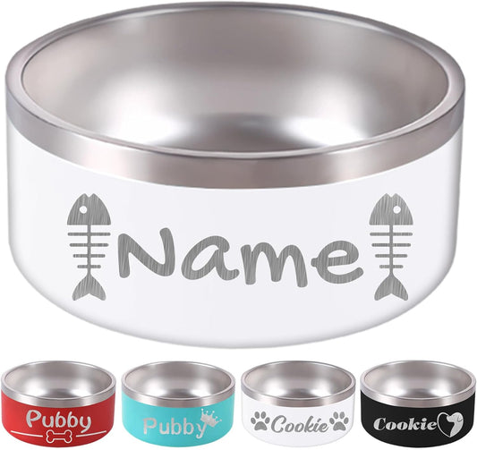 18OZ Personalized Dog Bowl Laser Engraved Custom Pet Name 18/32/42/64 oz No Slip Stainless Steel Insulated Bite-resistant Food Water Dishes-White