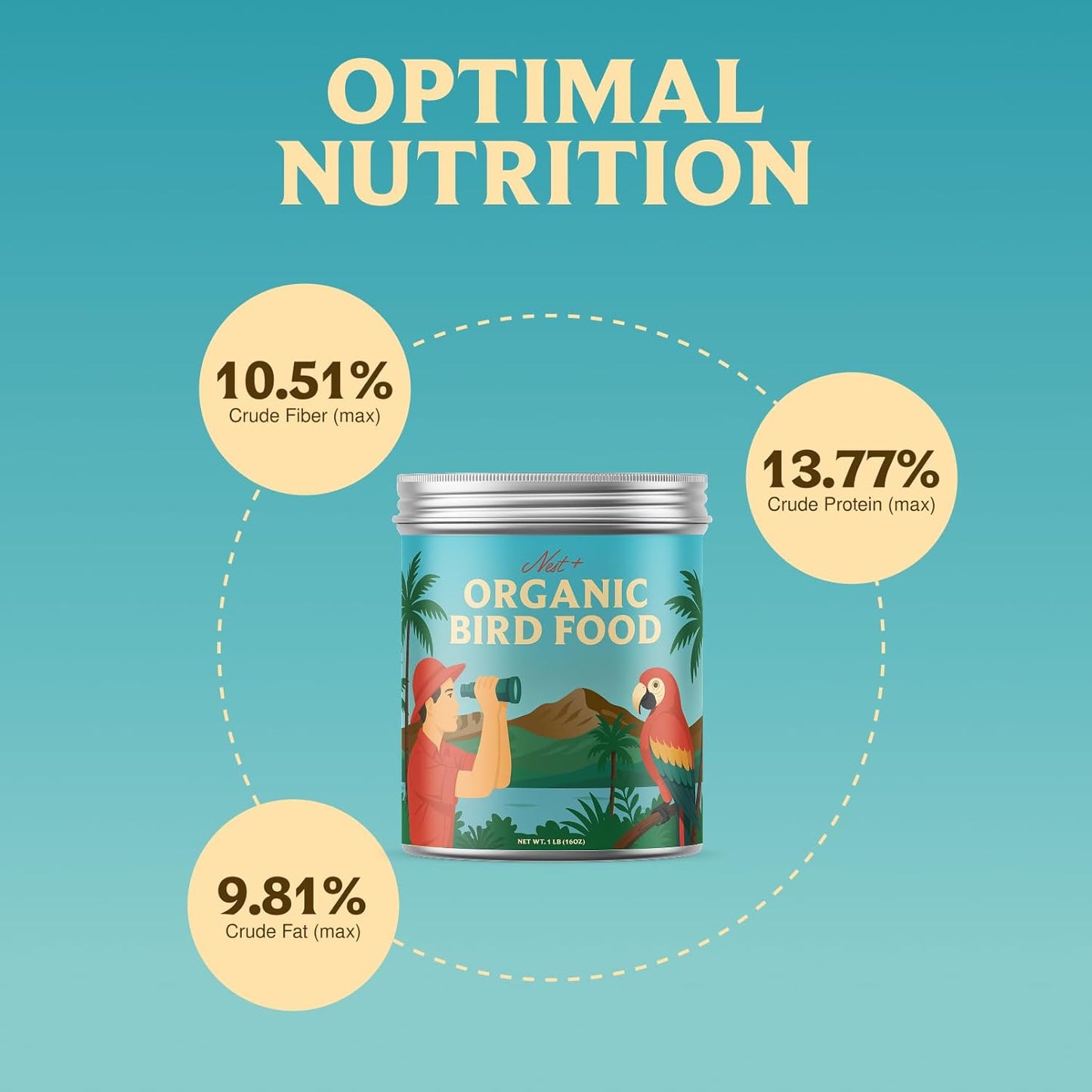 100% Organic Parrot Food – Premium Bird Seed Mix with Oat Groats, Buckwheat, Amaranth, Super Veggies & Seeds – Reusable Tin + Stainless-Steel Scooper – Made in USA, Human Grade Ingredients (1lb)