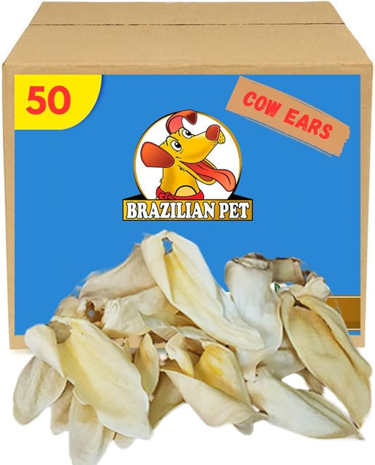 Brazilian Pet 100% Natural Real Cow Ears (50 Pack) Prime Dog Chews, Over 5 inches Free Range Grass Fed Cattle, No additives, Chemicals or Hormones