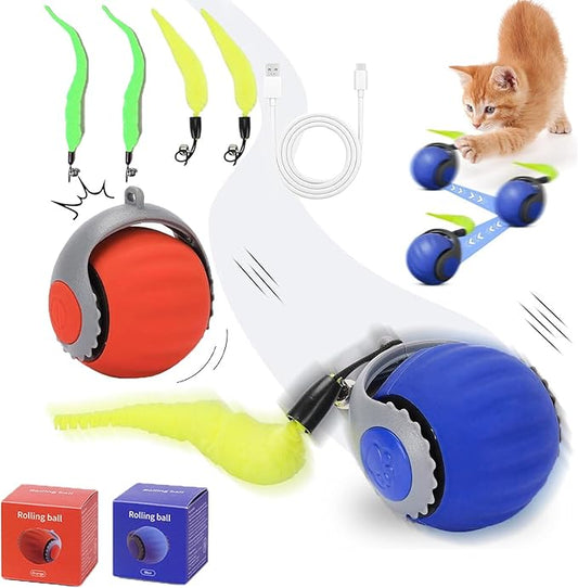 Interactive Cat Ball Speedy Tail 3.0 Pet Toy Rolling Ball, Interactive Toys for Indoor Cats, 360° Smart Automatic Dog Kitten Toy Turbo Tail Electronic Bouncing Balls Extra Tails (Blue&Red)