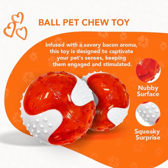 Chew Ball for Dogs, Bacon Scented Durable Dog Ball Toy, Long-Lasting & Tough Balls for Oral Health, Odor Stimulating Dog Toys for Aggressive Chewers