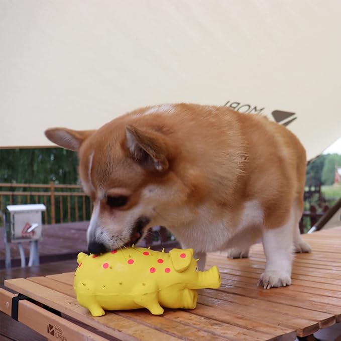 Pig Squeaky Dog Toy, 2 PCS Interactive Rubber Dog Chew Toy - Durable Latex Spot Grunting Pig Toys That Oink for Small Medium Large Dogs (Yellow, Pink)