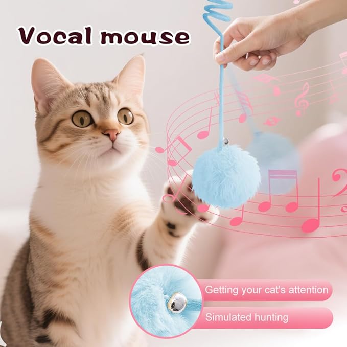 Hanging Fluffy Cat Catnip Ball Toys,2025 New Interactive Cat Toy for Indoor,Kitten Play Chase Exercise Toys,Long Tail Stretchable Soft Plush Teaser Ball with Bell (Pink)