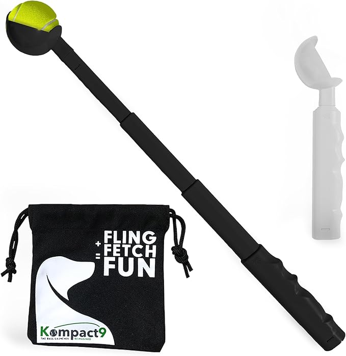 Kompact9 | Retractable Pocket-Sized Ball Launcher, Eco-Friendly & Portable Dog Fetch Toy, Made from Recycled Plastic, UK Designed, Fits Standard Tennis Balls Perfect Dog Exercise Equipment | Black