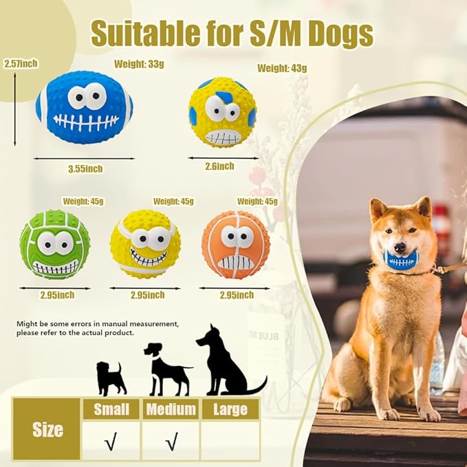 5-Pack Squeaky Dog Balls – Cartoon Face Ball Latex Dog Toy Ball Set for Indoor & Outdoor Play
