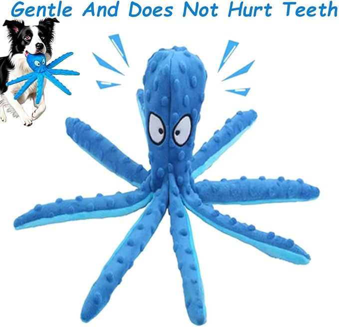 Whiskerspot Eco-Friendly Octopus Plush Dog Toy - No Stuffing, Durable and Fun Chew Toy for Dogs, Blue and Green (B)