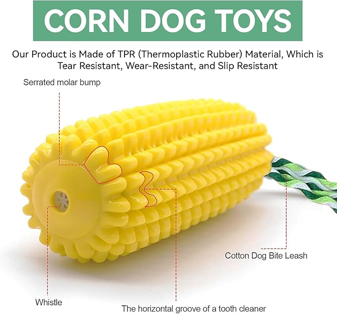 16 CM Indestructible Corn Dog Toy, Durable Toys for Aggressive Chewers, Rubber Dog Squeaky Toys, Puppy Teething Toys, Puppy Toy to Keep Them Busy for Small Medium and Large
