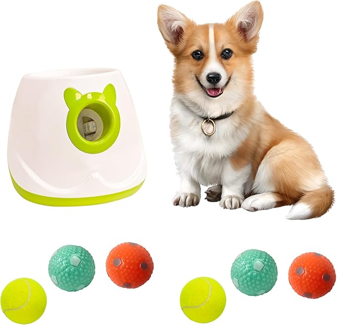 PTLSY Automatic Dog Ball Launcher - Interactive Puppy Thrower Machine for Small & Medium Dogs, 3 Balls (Inclusive of 2 inch) & White Launcher with 6pc Balls