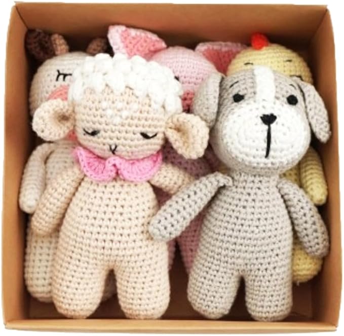 KITA Farm Gift Box - 5 Piece Cute Crochet Animal Gift Box Set Includes Cow, Lamb, Dog, Pig & Chick - Amigurumi Soft Stuffed Plush Toys for Children, Babies, Animals, Gifts