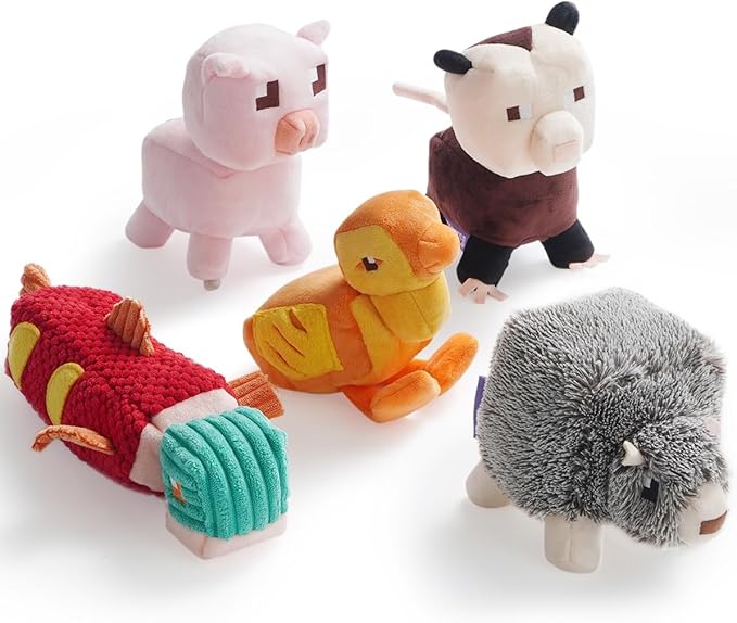 Dog Squeaky Toys 5 Pack, Square Pixel World Style Different Animals Durable Stuffed Plush Dog Toy to Keep Them Busy for Small Medium Large Dogs