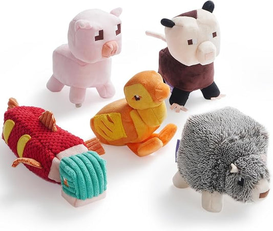 Dog Squeaky Toys 5 Pack, Square Pixel World Style Different Animals Durable Stuffed Plush Dog Toy to Keep Them Busy for Small Medium Large Dogs