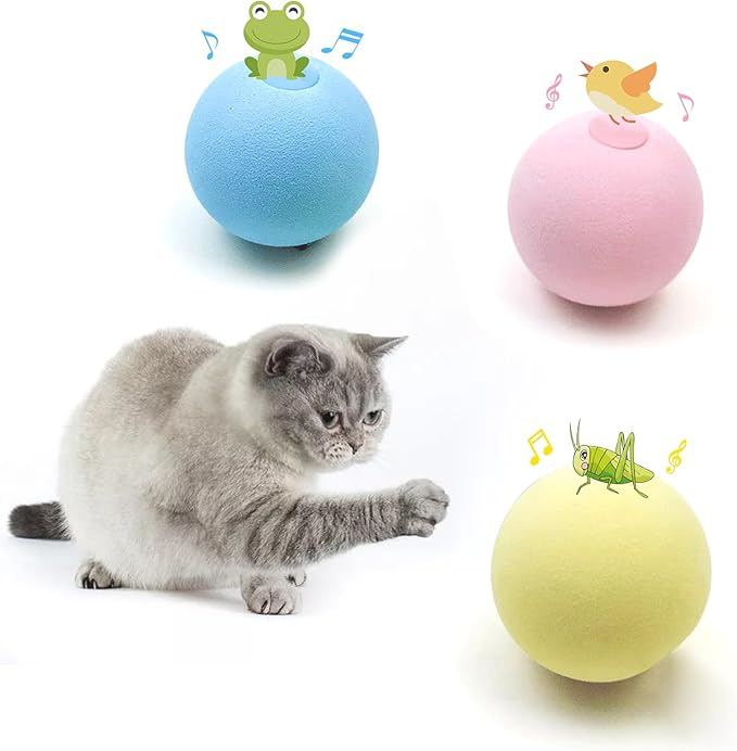 Cat Toy Balls with Sound, Chirping Cat Toys with Catnip, 3 Pcs EVA Rolling Toy Balls, Interactive Kitten Toys for Indoor Cats(Bird+Frog+Crickets, EVA)