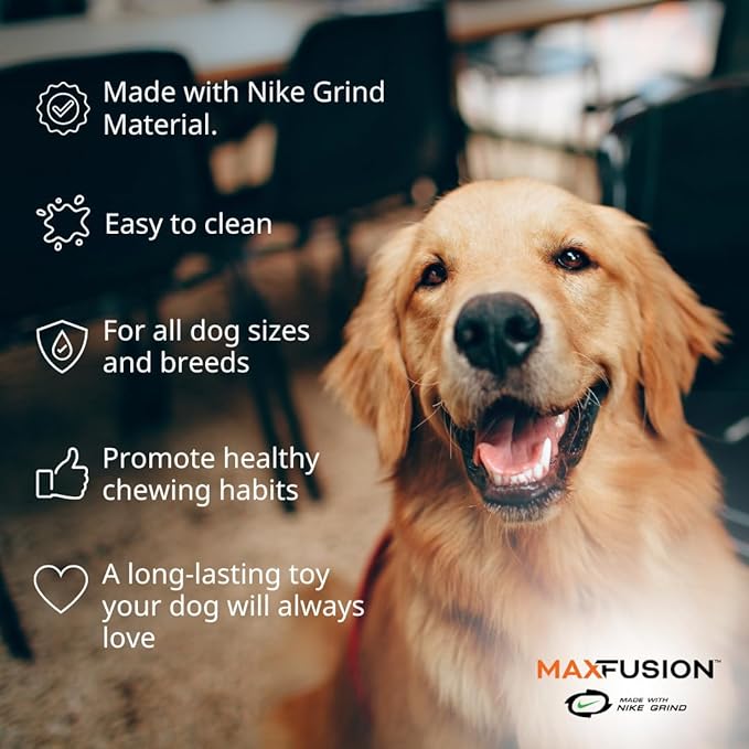 Max Fusion Made with Nike Grind, Dumbbell Dog Toy, Yellow Treat Dispenser, Natural Rubber Chew Toy for Large Dog Breeds & Puppies, Dental Health, Puzzle, Reward Play, Training Toy