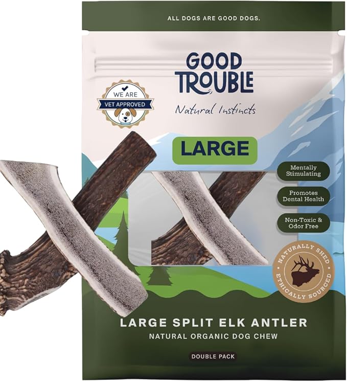 Good Trouble Premium Elk Antlers for Large Dogs – 2 Pack Split - All-Natural, Shed Antler Chews for Dental Health & Calming - Durable Dog Bones - Cruelty-Free, North American Sourced