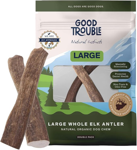 Good Trouble Premium Elk Antlers for Large Dogs – 2 Pack Whole - All-Natural, Shed Antler Chews for Dental Health & Calming - Durable Dog Bones - Cruelty-Free, North American Sourced