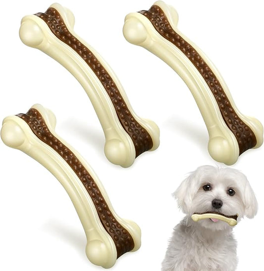 Sosation 3 Pack Chew Toys for Aggressive Chewers, Bone Toys Nylon Beef Flavor Dog Teething Toys for Large/Medium/Small Puppies Breeds(Small, Curved Bone)