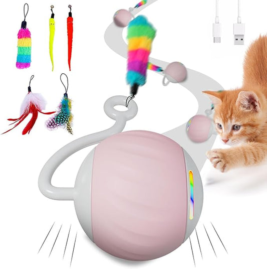 Cat Toy, Interactive Cat Toys for Indoor Cats, DIY 5 in 1 Automatic Moving Cat Ball Toys/Puppies Toys with LED Rainbow Lights, Two Speeds Smart Cat Toys,USB Rechargeable (Pink)