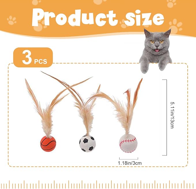 Wanheart 6 Cat Bouncy Balls with Feathers, Rubber Cat Toys Bouncy Balls, Fun Teething Toys, Indoor/Outdoor Interaction
