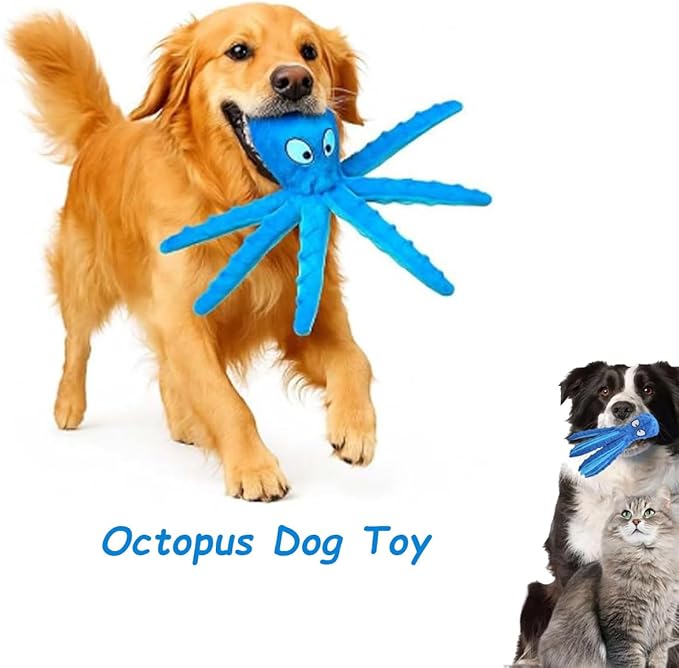 Whiskerspot Eco-Friendly Octopus Plush Dog Toy - No Stuffing, Durable and Fun Chew Toy for Dogs, Blue and Green (B)