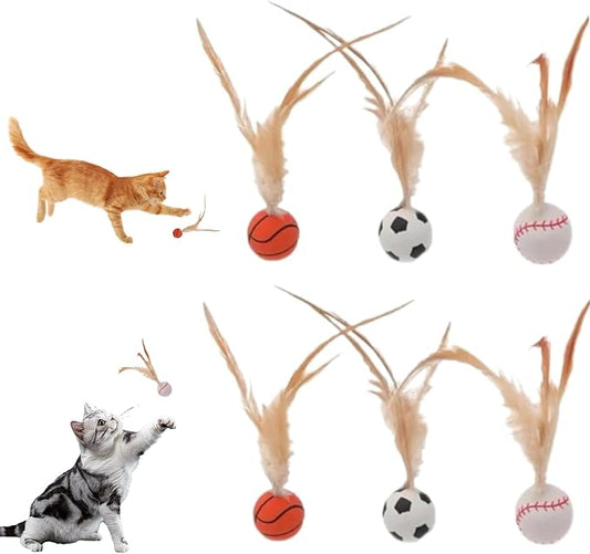 Wanheart 6 Cat Bouncy Balls with Feathers, Rubber Cat Toys Bouncy Balls, Fun Teething Toys, Indoor/Outdoor Interaction
