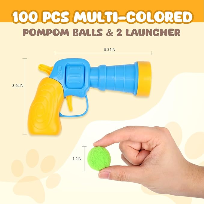 100Pcs Cat Toys Pom Pom Balls with 2 Launchers Set, Interactive Cat Toy Stuff for Indoor Both Adult & Kitten Toys
