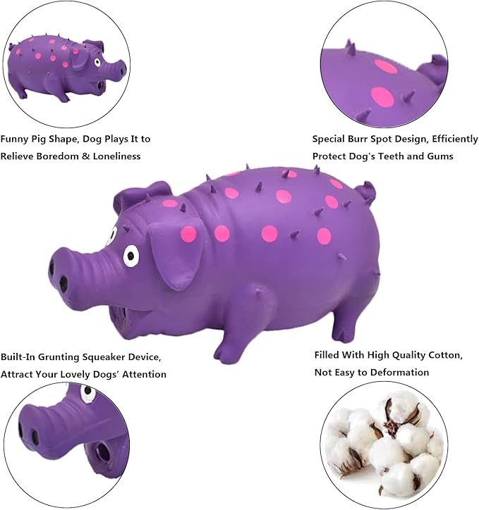 Pig Squeaky Dog Toy, 2 PCS Interactive Rubber Dog Chew Toy - Durable Latex Spot Grunting Pig Toys That Oink for Small Medium Large Dogs (Blue, Purple)