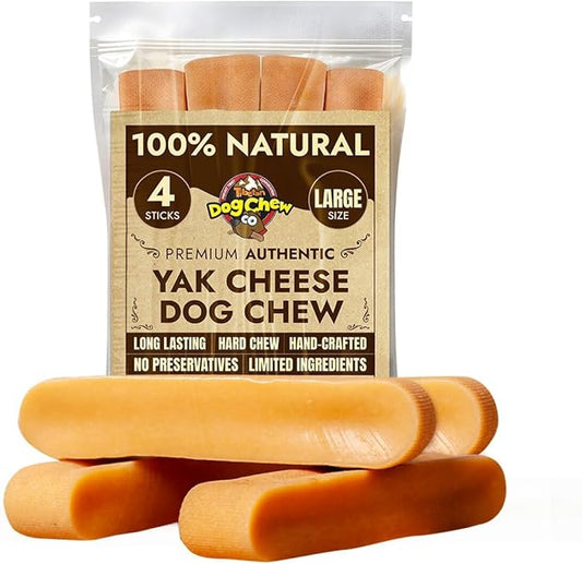 Tibetan Dog Chew Yak Cheese Sticks (4 Large Chews) - Natural Handmade Treats for Large Dogs, Long-Lasting, Easy to Digest with No Additives, Rawhide, Grains, or Gluten, Perfect for Aggressive Chewers
