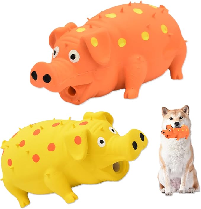 Pig Squeaky Dog Toy, 2 PCS Interactive Rubber Dog Chew Toy - Durable Latex Spot Grunting Pig Toys That Oink for Small Medium Large Dogs (Orange, Yellow)