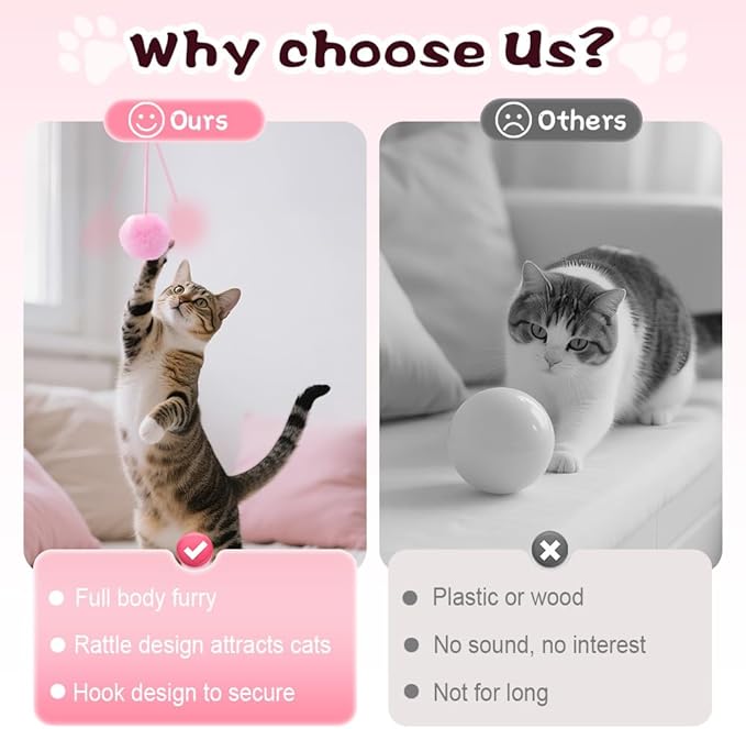 Hanging Fluffy Cat Catnip Ball Toys,2025 New Interactive Cat Toy for Indoor,Kitten Play Chase Exercise Toys,Long Tail Stretchable Soft Plush Teaser Ball with Bell (Pink)