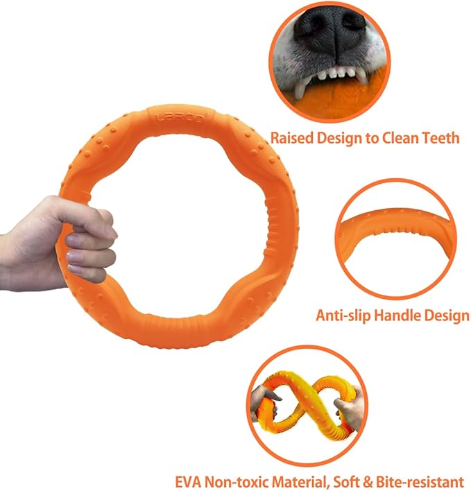 LaRoo Floatable Dog Frisbee, Fetch Toy & Ring Tug Toy - Teething Relief, Catch, Water Fun, Pet Training Outdoor Durable Chew Toys for Small Medium Dogs (Orange)
