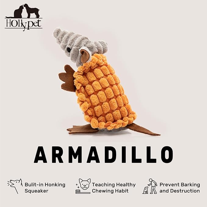 Hollypet Plush Dog Squeaky Toy Stuffed Armadillo Animal Pet Puppy Chew Toys with Clean Teeth for Small Medium Large All Breed Sizes Dogs, Orange,6 in