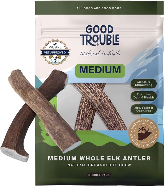 Good Trouble Premium Elk Antlers for Medium Dogs – 2 Pack Whole - All-Natural, Shed Antler Chews for Dental Health & Calming - Durable Dog Bones - Cruelty-Free, North American Sourced