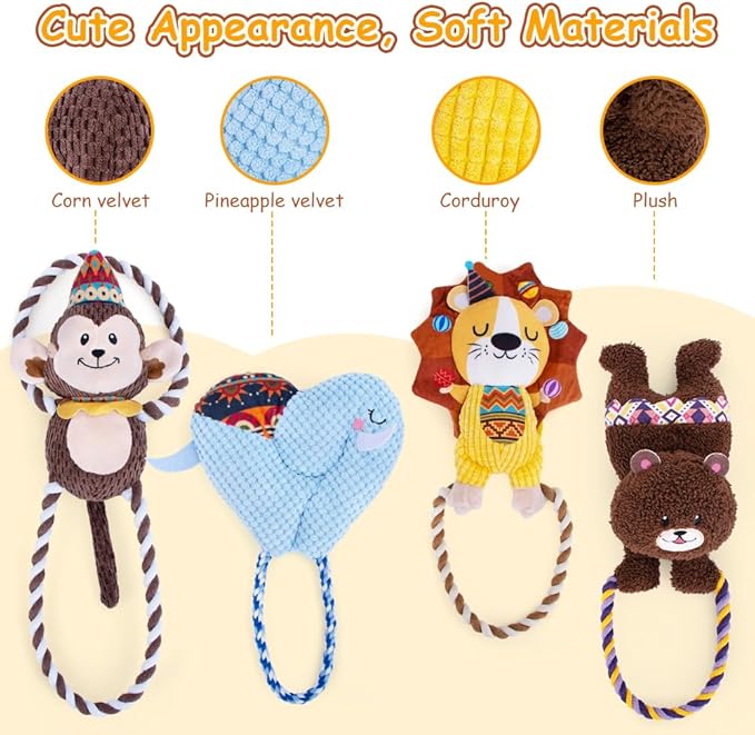 AWOOF Squeaky Dog Toys to Keep Them Busy Stuffed Dog Plush Toys for Puppy Small Medium Large Dogs Chew Toys with Rope Indoor Outdoor Puppy Toys Relieve Anxiety Birthday Gifts - 4Pack