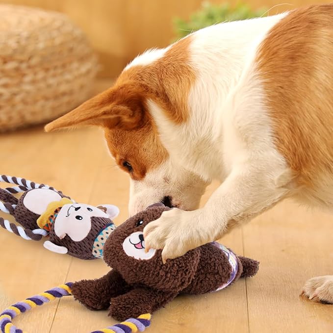 AWOOF Squeaky Dog Toys to Keep Them Busy Stuffed Dog Plush Toys for Puppy Small Medium Large Dogs Chew Toys with Rope Indoor Outdoor Puppy Toys Relieve Anxiety Birthday Gifts - 4Pack