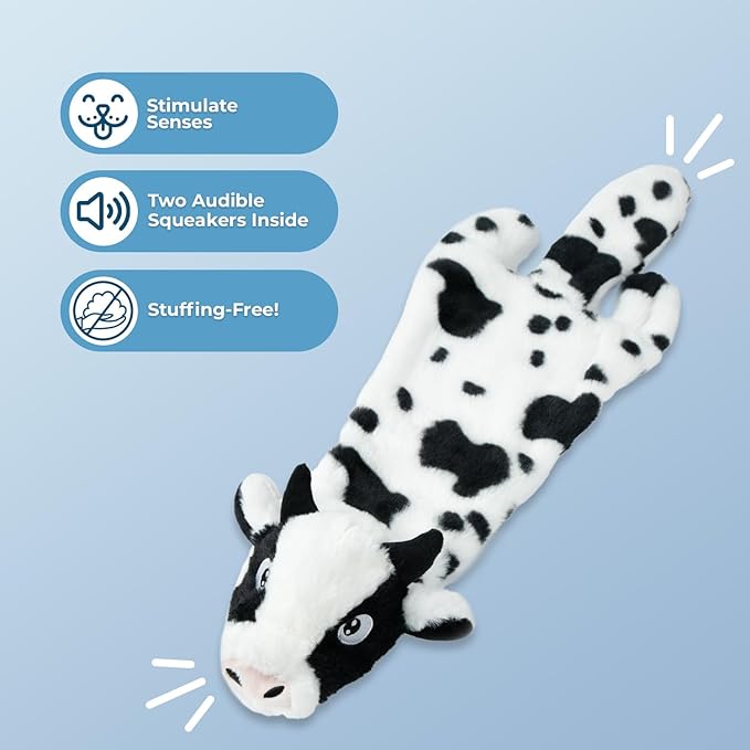 2-in-1 Stuffless Squeaky Dog Toys with Soft, Durable Fabric for Small, Medium, and Large Pets by Best Pet Supplies - No Stuffing for Indoor Play, Sheep, Cow, size L