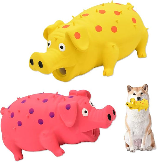 Pig Squeaky Dog Toy, 2 PCS Interactive Rubber Dog Chew Toy - Durable Latex Spot Grunting Pig Toys That Oink for Small Medium Large Dogs (Yellow, Pink)