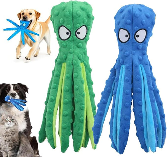 Whiskerspot Eco-Friendly Octopus Plush Dog Toy - No Stuffing, Durable and Fun Chew Toy for Dogs, Blue and Green (B)