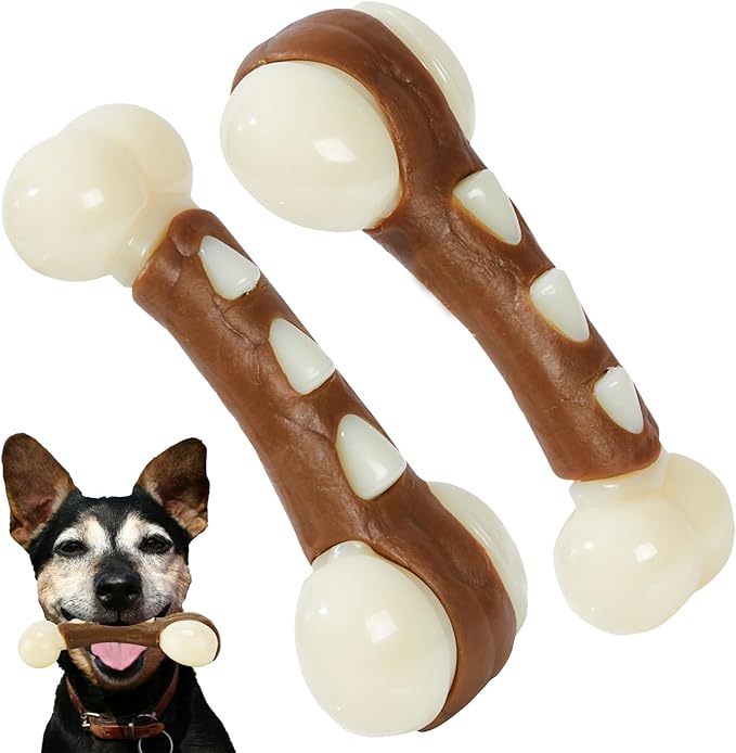 Dog Bones Chew Toys for Aggressive Chewers, 2 Pack Real Beef Flavor,Indestructible Dog Teething Chew Toys for Large/Medium/Small Puppies Breed,Tough Pet Toy with Nylon