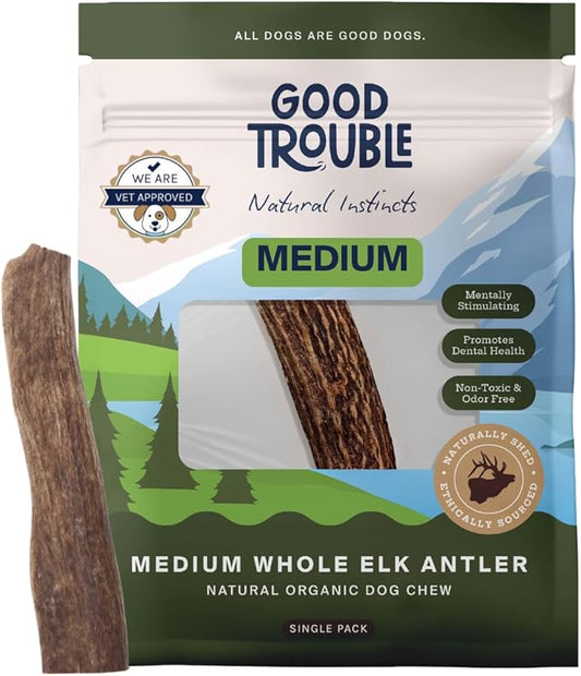 Good Trouble Premium Elk Antlers for Medium Dogs – 1 Pack Whole - Shed Antler Chews for Dental Health & Calming- Durable Dog Bones for Aggressive Chewers - Cruelty-Free, North American Sourced
