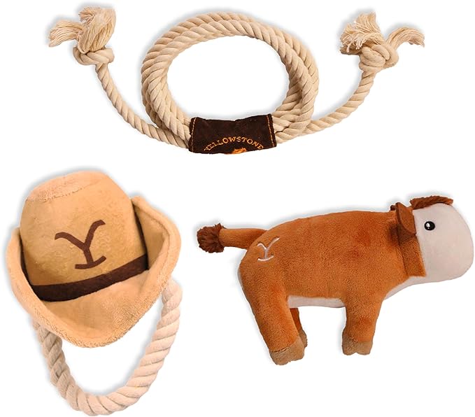 design LAB, Inc. Official Yellowstone Merchandise | Indoor Dog Toy Bundle Variety Gift Set | Lasso Rope, Plush Squeaky Brown Cow, and Cowboy Toy Hat with Tug Rope