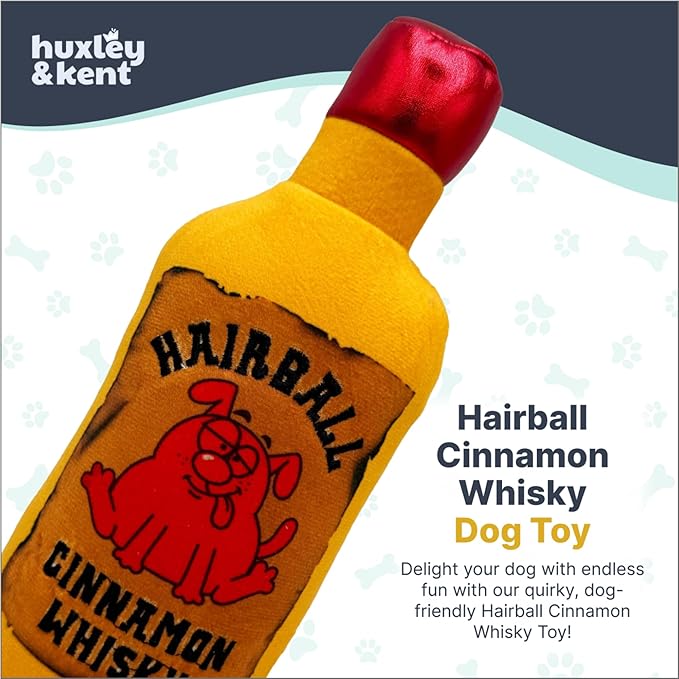 Huxley & Kent Funny Dog Toy w/Squeaker – Power Plush Squeaky Dog Toys for Small, Medium & Large Dogs – Soft Stuffed Animal for Indoor Play & Fetch - Hairball Cinnamon Whiskey, Small