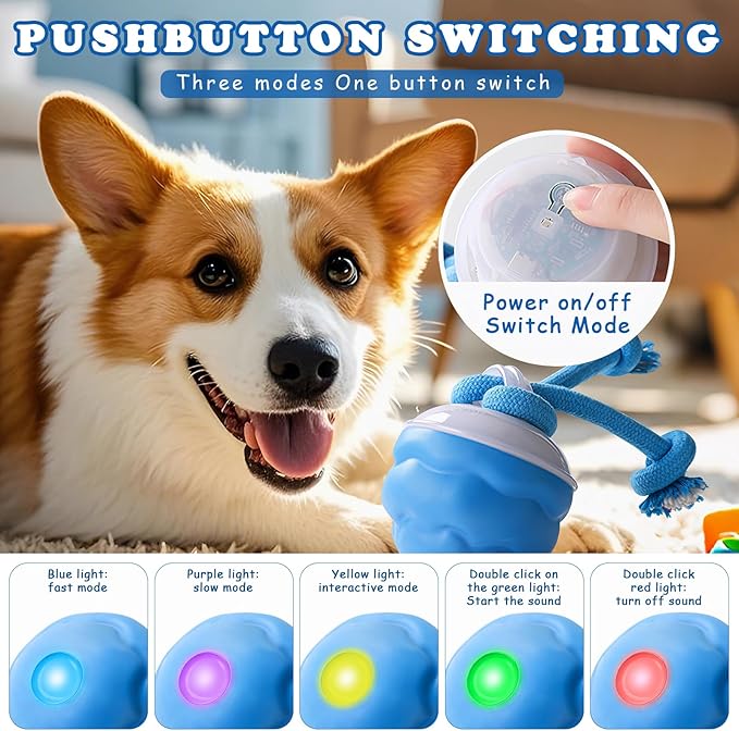 Aerbee Interactive Dog Toys Ball - Fun Moving Smart Dog Toy Active Rolling Ball to Keep Them Busy for Large, Medium, and Small Puppy Dogs, with 2Pcs Pet Chew Toy Ropes for Indoor Boredom Pets, Blue