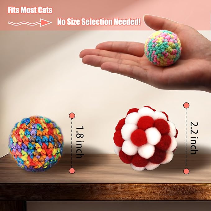 6 Pack Cat Toys Balls - 3 Jingle Bell Ball & 3 Soft Pom Pom Balls, Interactive Kitten Toys for Hunting/Kicking, Handmade, Small 1.8” & Large 2.1” for Adult Cats/Kittens